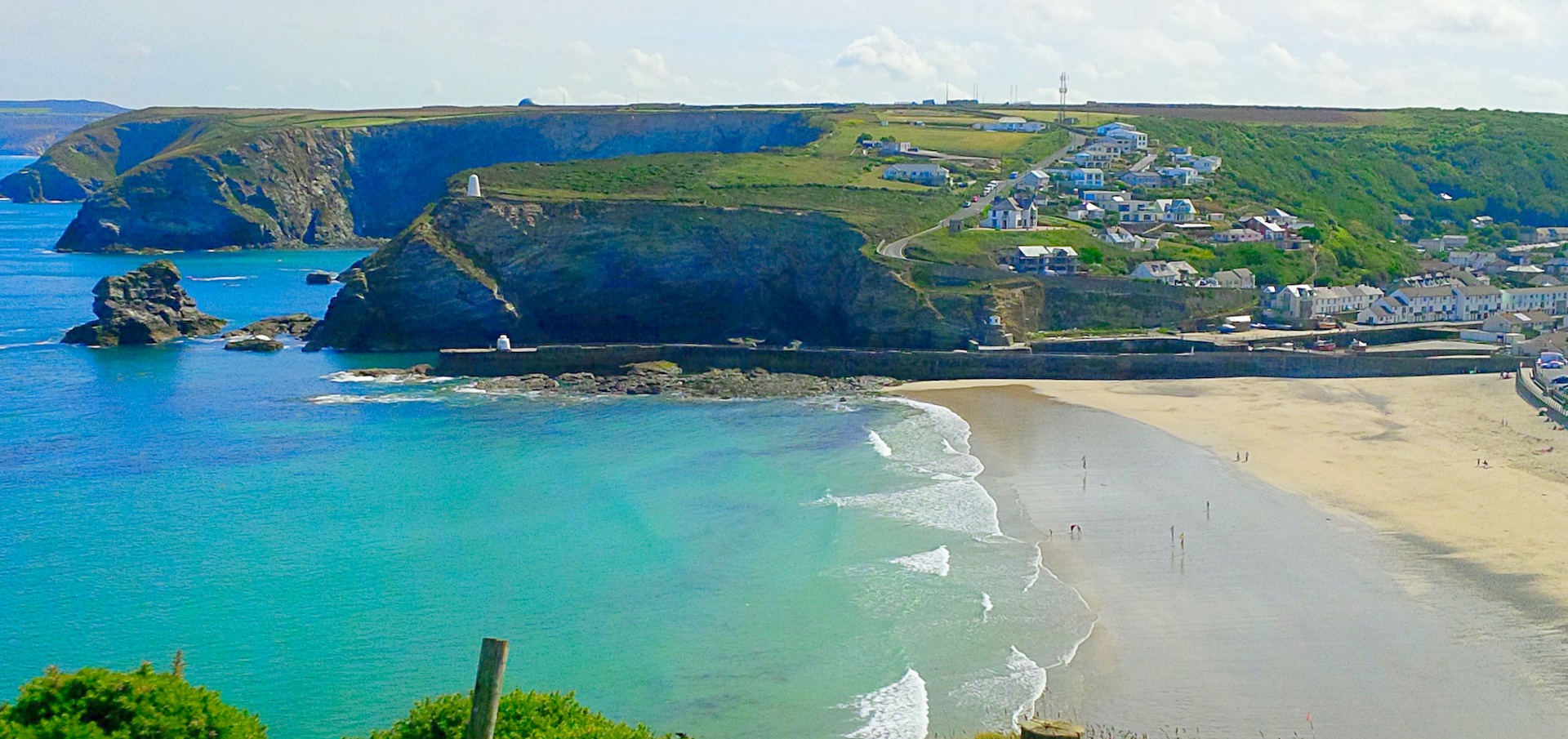 Portreath Beach and village in Cornwall seen from the cliffs